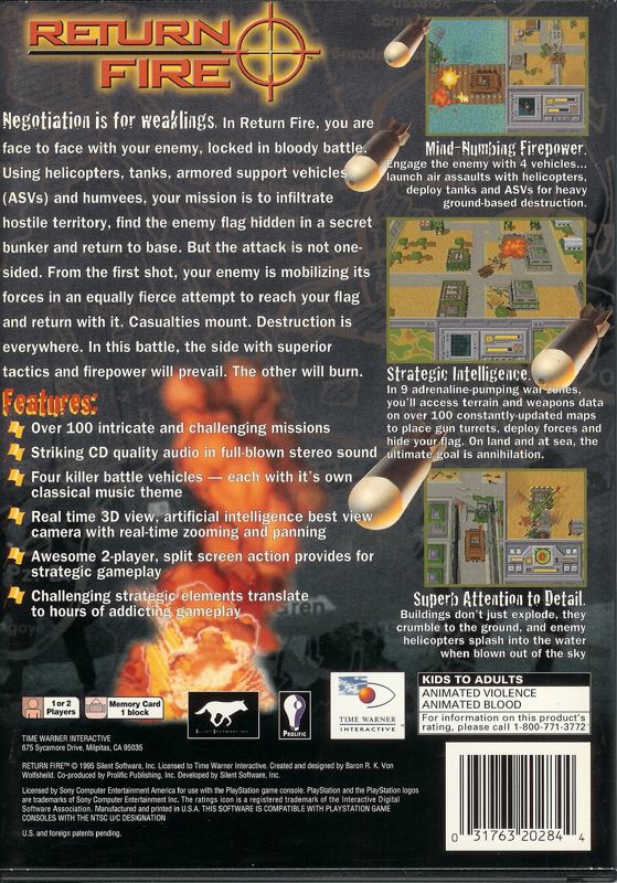 Return Fire | PlayStation | back cover | region=North America | source-country=United States | zypher-v2 | moby-a784a7fc7c1c | Data by MobyGames.com