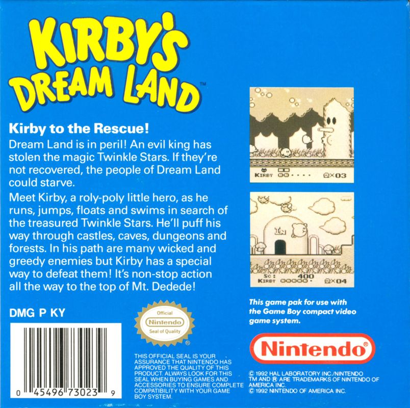 
Kirby's Dream Land | Game Boy | back cover | Data by MobyGames.com