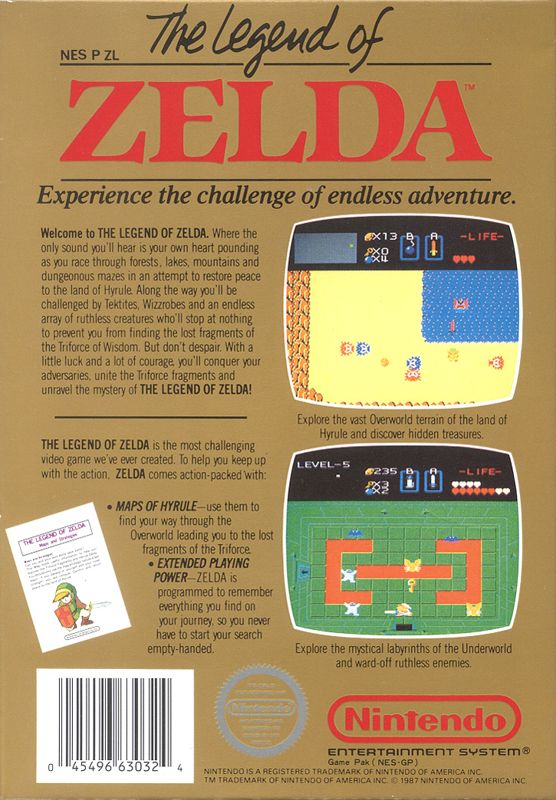 The Legend of Zelda | NES | back cover | region=North America | source-country=United States | zypher-v2 | moby-d001b1feba73 | Data by MobyGames.com