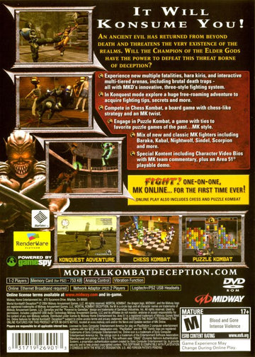 Mortal Kombat: Deception | PlayStation 2 | back cover | region=North America | source-country=Canada,United States | zypher-v2 | moby-8437fab35f01 | Data by MobyGames.com