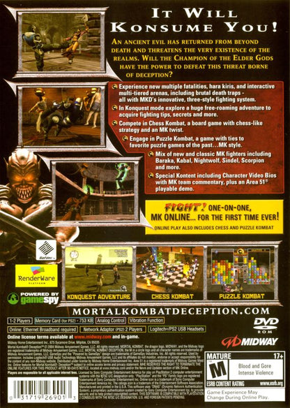 Mortal Kombat: Deception | PlayStation 2 | back cover | region=North America | source-country=Canada,United States | zypher-v2 | moby-8437fab35f01 | Data by MobyGames.com