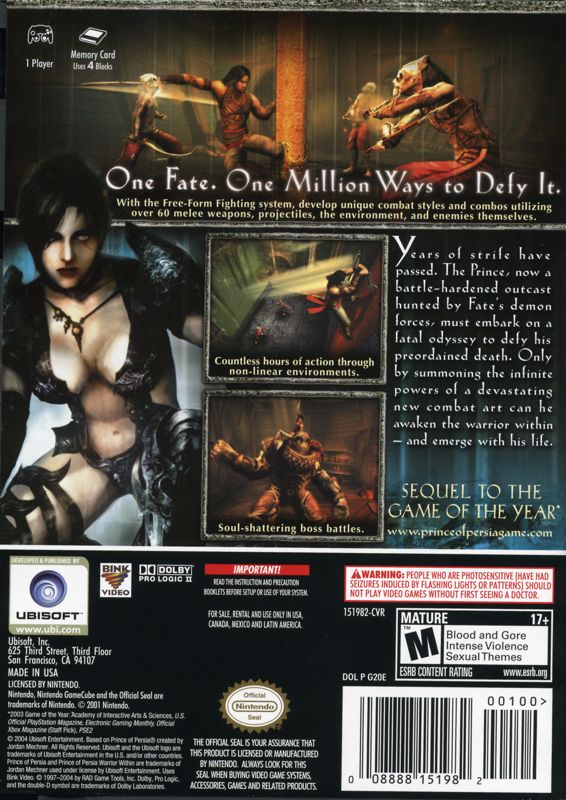 Prince of Persia: Warrior Within | GameCube | back cover | region=North America | source-country=Canada,Mexico,Other,United States | zypher-v2 | moby-04b882a98b0f | Data by MobyGames.com
