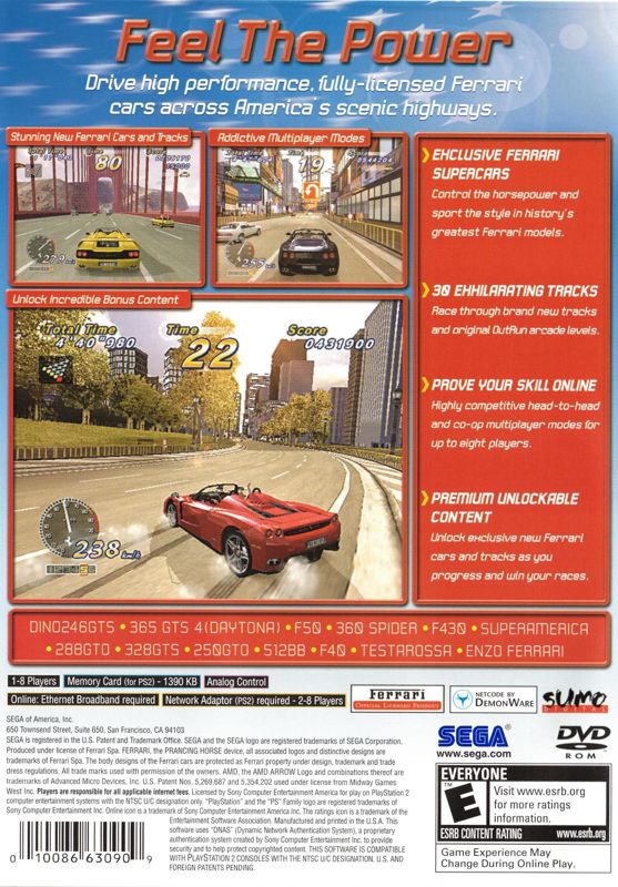 
OutRun 2006: Coast 2 Coast | PlayStation 2 | back cover | Region: North America | source-country=Canada,United States | Data by MobyGames.com
