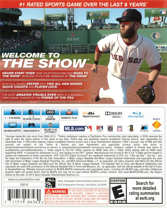MLB 14: The Show | PlayStation 4 | back cover | Region: North America | source-country=United States | Data by MobyGames.com