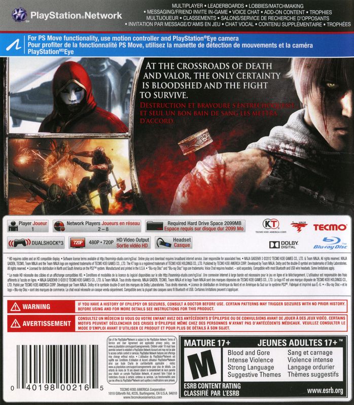 
Ninja Gaiden 3 | PlayStation 3 | back cover | Data by MobyGames.com