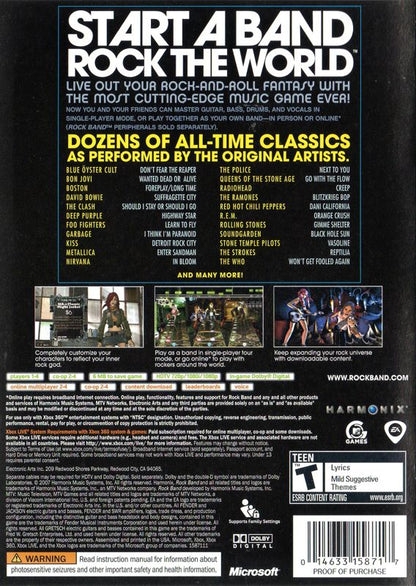 Rock Band | Xbox 360 | back cover | region=North America | source-country=United States | zypher-v2 | moby-dd02d8d09334 | Data by MobyGames.com