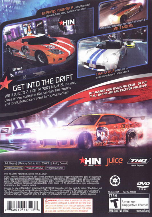 
Juiced 2: Hot Import Nights | PlayStation 2 | back cover | Region: North America | source-country=United States | Data by MobyGames.com