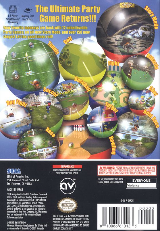 Super Monkey Ball 2 | GameCube | back cover | region=North America | source-country=Canada,Mexico,Other,United States | zypher-v2 | moby-97a4d92401a1 | Data by MobyGames.com