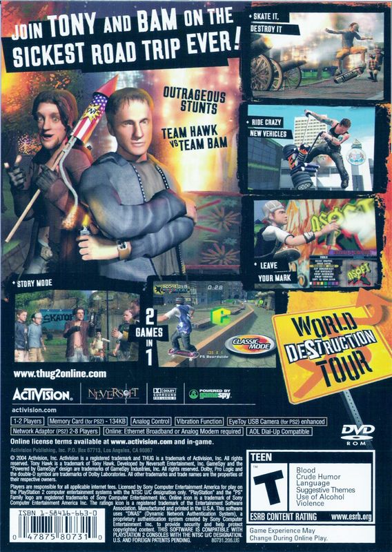 Tony Hawk's Underground 2 | PlayStation 2 | back cover | region=North America | source-country=Canada,United States | zypher-v2 | moby-864acf3da4a4 | Data by MobyGames.com