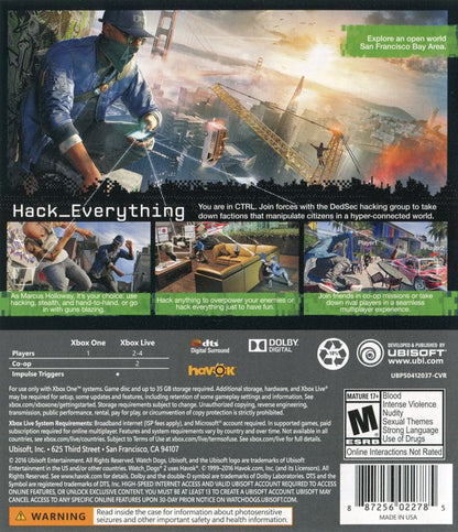 
Watch_Dogs 2 | Xbox One | back cover | Region: North America | source-country=United States | Data by MobyGames.com