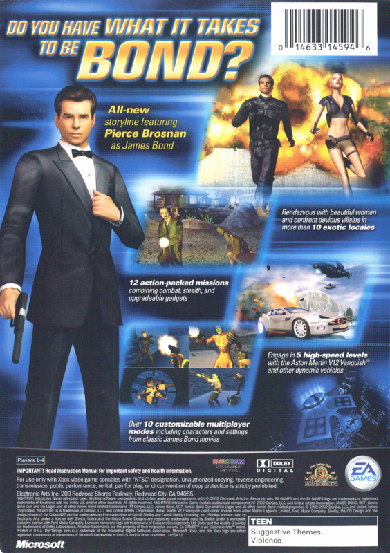 007: Nightfire | Xbox | back cover | region=North America | source-country=Canada,United States | zypher-v2 | moby-6f36f666be56 | Data by MobyGames.com