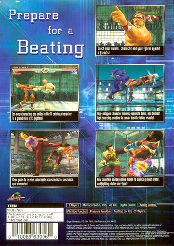 
Virtua Fighter 4 | PlayStation 2 | back cover | Region: North America | source-country=Canada,United States | Data by MobyGames.com
