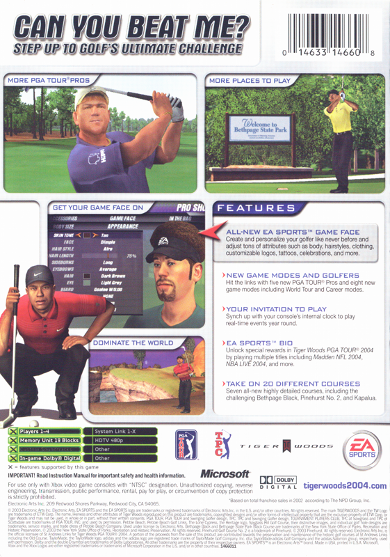 Tiger Woods PGA Tour 2004 | Xbox | back cover | region=North America | source-country=Canada,United States | zypher-v2 | moby-669972d7b863 | Data by MobyGames.com