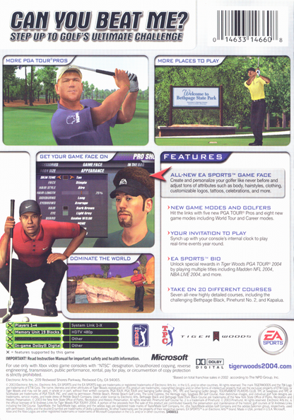 Tiger Woods PGA Tour 2004 | Xbox | back cover | region=North America | source-country=Canada,United States | zypher-v2 | moby-669972d7b863 | Data by MobyGames.com