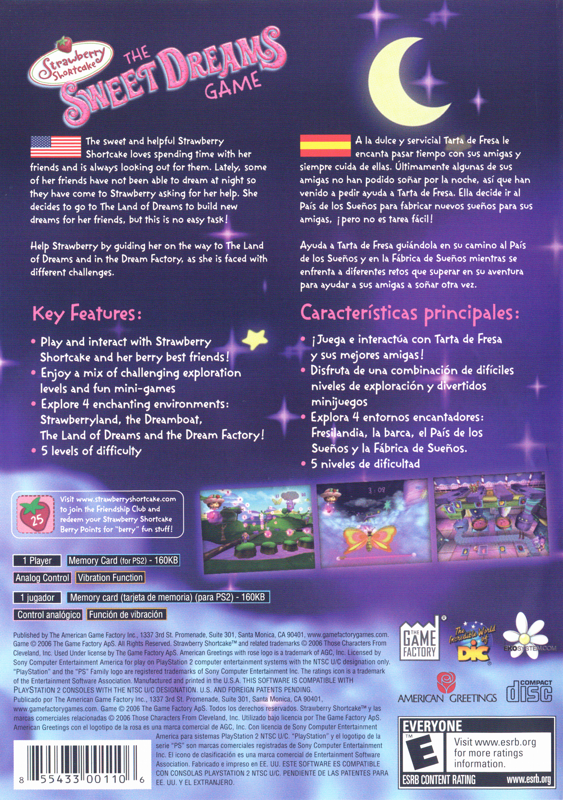 Strawberry Shortcake: The Sweet Dreams Game | PlayStation 2 | back cover | region=North America | source-country=Canada,Mexico,United States | zypher-v2 | moby-f5fc6d96f377 | Data by MobyGames.com