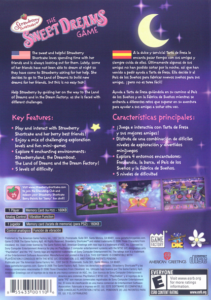Strawberry Shortcake: The Sweet Dreams Game | PlayStation 2 | back cover | region=North America | source-country=Canada,Mexico,United States | zypher-v2 | moby-f5fc6d96f377 | Data by MobyGames.com