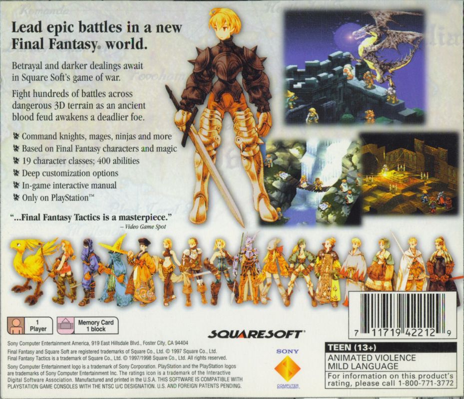 Final Fantasy Tactics | PlayStation | back cover | Region: North America | source-country=Canada,United States | Data by MobyGames.com