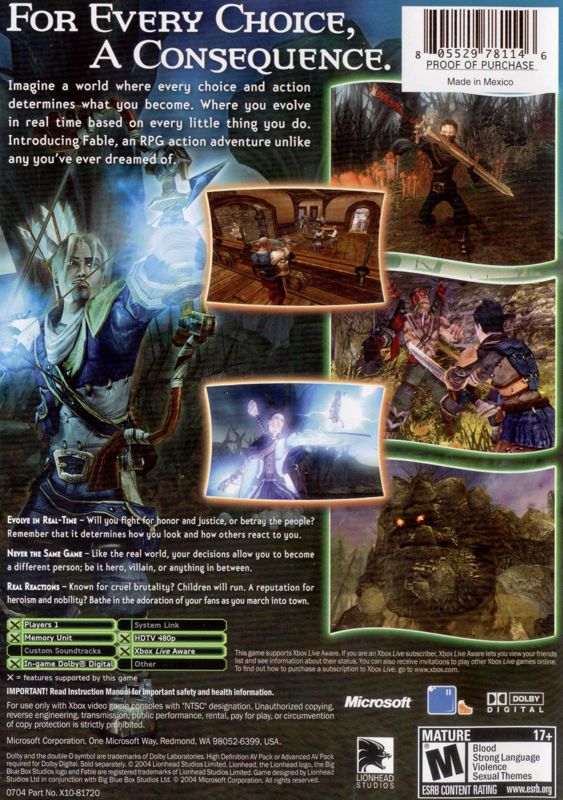 Fable | Xbox | back cover | Data by MobyGames.com