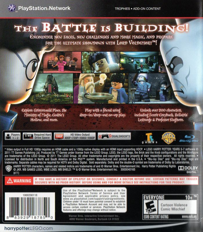 LEGO Harry Potter: Years 5-7 | PlayStation 3 | back cover | region=North America | source-country=United States | zypher-v2 | moby-873758993d17 | Data by MobyGames.com