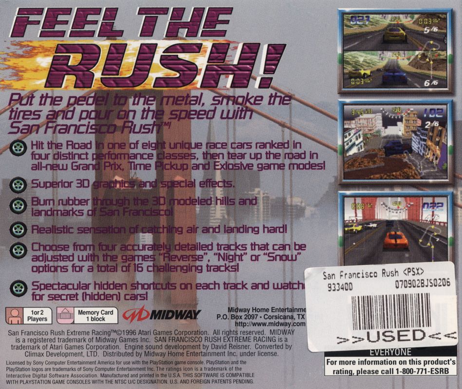 San Francisco Rush: Extreme Racing | PlayStation | back cover | region=North America | source-country=United States | zypher-v2 | moby-df7b7455be82 | Data by MobyGames.com