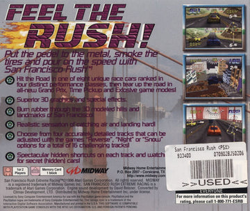San Francisco Rush: Extreme Racing | PlayStation | back cover | region=North America | source-country=United States | zypher-v2 | moby-df7b7455be82 | Data by MobyGames.com