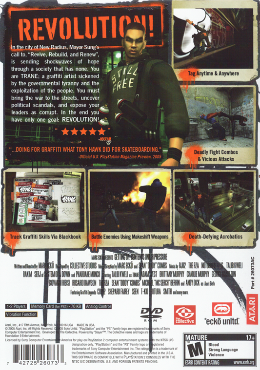 Marc Ecko's Getting Up: Contents Under Pressure | PlayStation 2 | back cover | region=North America | source-country=United States | zypher-v2 | moby-51351ce7fa9e | Data by MobyGames.com