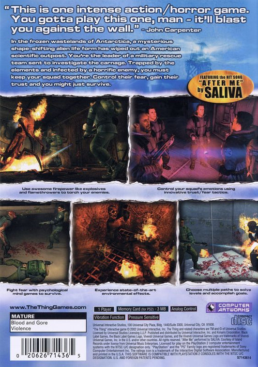 
The Thing | PlayStation 2 | back cover | Region: North America | source-country=Canada,United States | Data by MobyGames.com