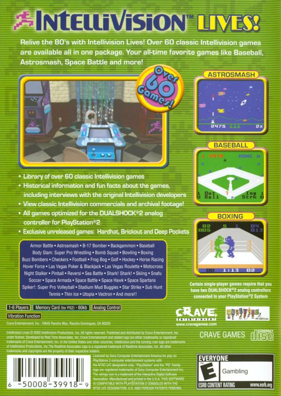 Intellivision Lives! | PlayStation 2 | back cover | region=North America | source-country=Canada,United States | zypher-v2 | moby-801f441fb8a4 | Data by MobyGames.com