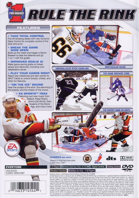 NHL 2003 | PlayStation 2 | back cover | region=North America | source-country=Canada,United States | zypher-v2 | moby-9dac9b25aaed | Data by MobyGames.com