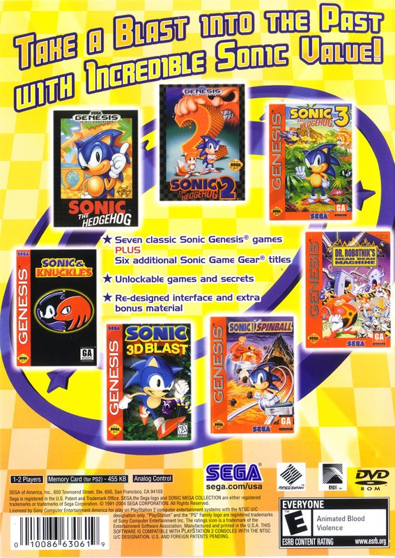 Sonic Mega Collection Plus | PlayStation 2 | back cover | region=North America | source-country=United States | zypher-v2 | moby-d40124e1d807 | Data by MobyGames.com