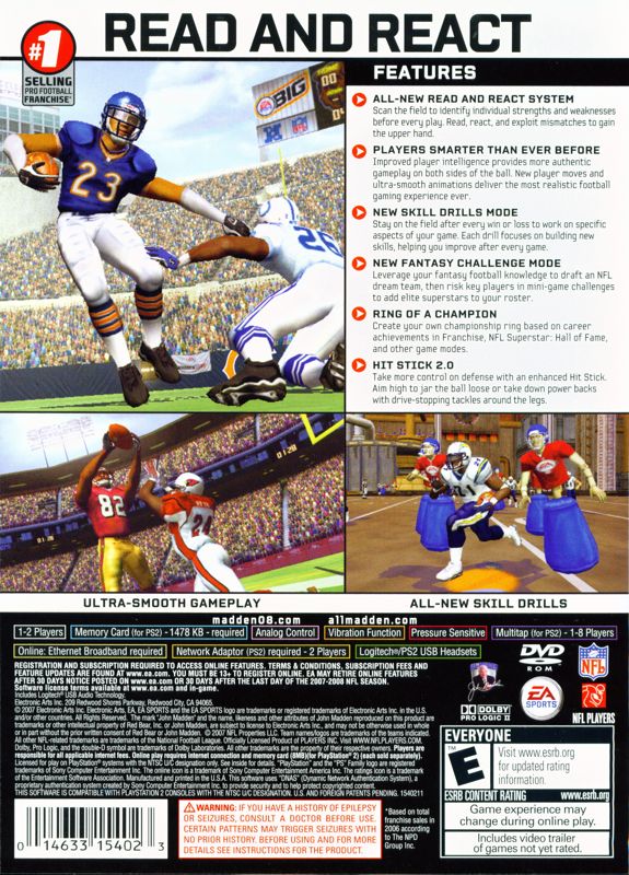 Madden NFL 08 | PlayStation 2 | back cover | region=North America | source-country=United States | zypher-v2 | moby-cbb837d9aae5 | Data by MobyGames.com