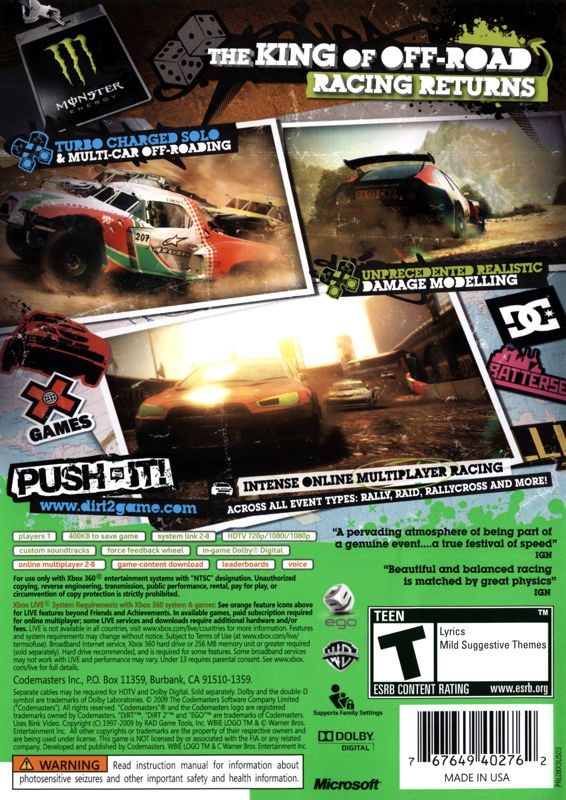 
DiRT 2 | Xbox 360 | back cover | Data by MobyGames.com