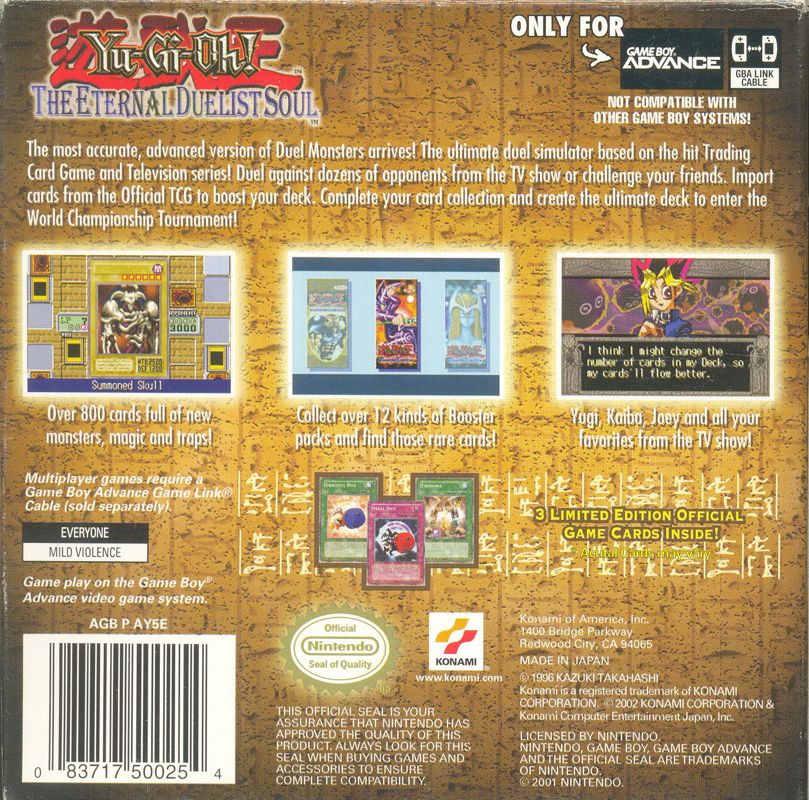 
Yu-Gi-Oh!: The Eternal Duelist Soul | Game Boy Advance | back cover | Region: North America | source-country=United States | Data by MobyGames.com