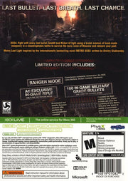 
Metro: Last Light (Limited Edition) | Xbox 360 | back cover | Region: North America | source-country=United States | Data by MobyGames.com