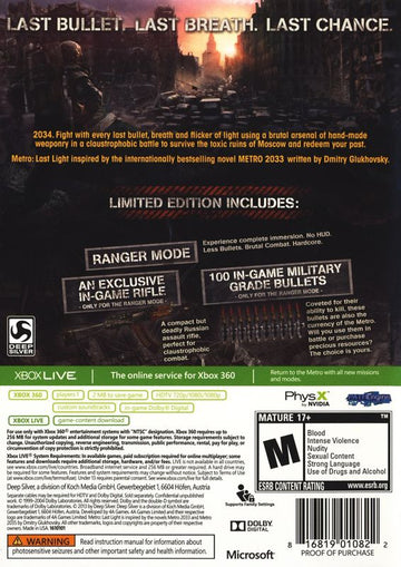 
Metro: Last Light (Limited Edition) | Xbox 360 | back cover | Region: North America | source-country=United States | Data by MobyGames.com
