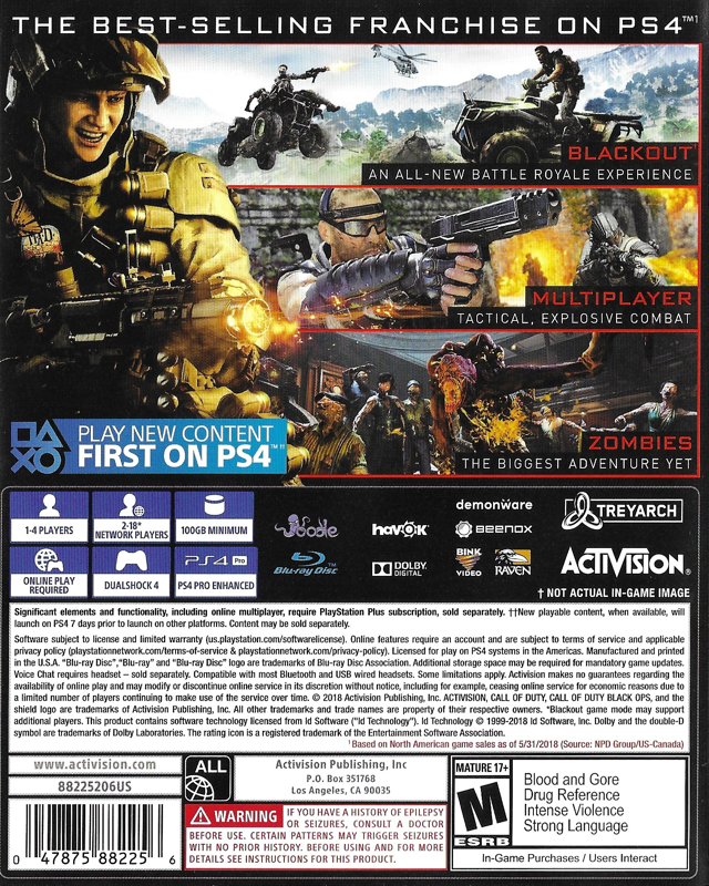 Call of Duty: Black Ops IIII | PlayStation 4 | back cover | region=North America | source-country=United States | zypher-v2 | moby-f6d59ff170db | Data by MobyGames.com