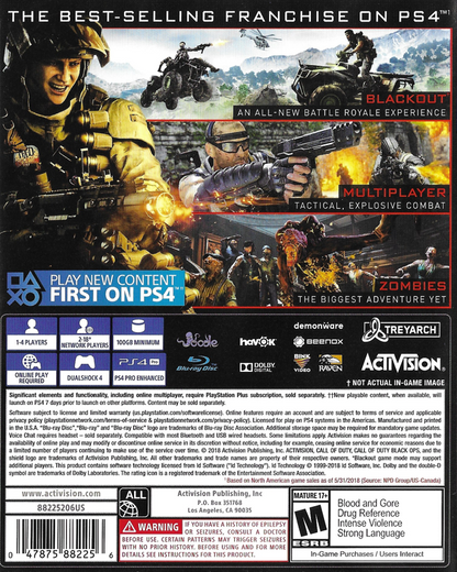 Call of Duty: Black Ops IIII | PlayStation 4 | back cover | region=North America | source-country=United States | zypher-v2 | moby-f6d59ff170db | Data by MobyGames.com