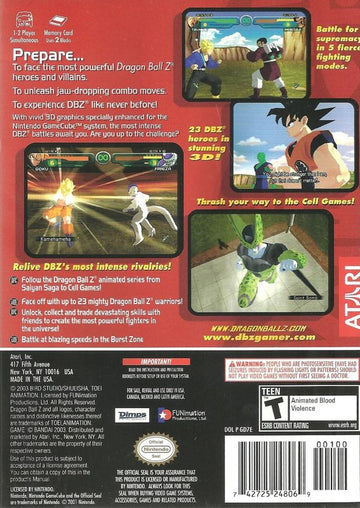 Dragon Ball Z: Budokai | GameCube | back cover | region=North America | source-country=Canada,United States | zypher-v2 | moby-43361b799d06 | Data by MobyGames.com