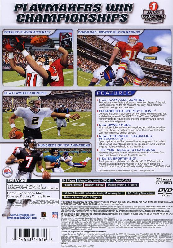 Madden NFL 2004 | PlayStation 2 | back cover | region=North America | source-country=Canada,United States | zypher-v2 | moby-acedb04cd411 | Data by MobyGames.com
