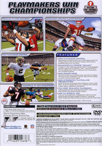 Madden NFL 2004 | PlayStation 2 | back cover | region=North America | source-country=Canada,United States | zypher-v2 | moby-acedb04cd411 | Data by MobyGames.com