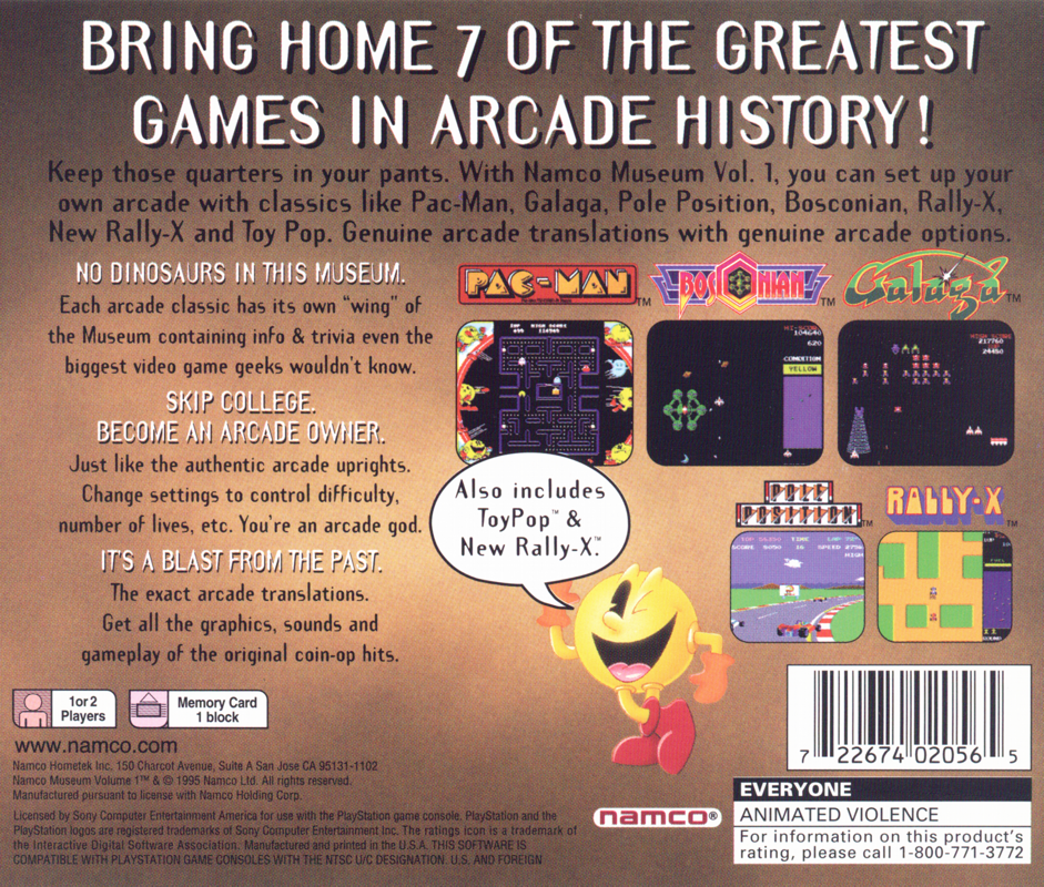 Namco Museum Vol. 1 | PlayStation | back cover | Region: North America | source-country=United States | Data by MobyGames.com
