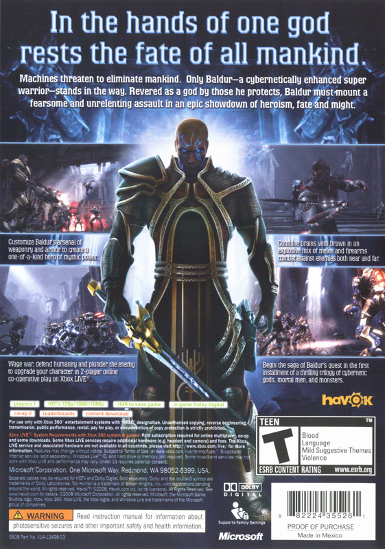 Too Human | Xbox 360 | back cover | region=North America | source-country=United States | zypher-v2 | moby-6cff5ec6f166 | Data by MobyGames.com