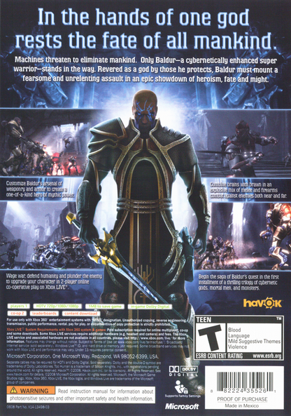 Too Human | Xbox 360 | back cover | region=North America | source-country=United States | zypher-v2 | moby-6cff5ec6f166 | Data by MobyGames.com