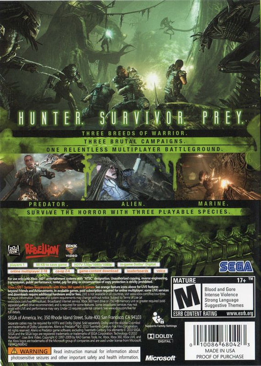 Aliens vs Predator | Xbox 360 | back cover | region=North America | source-country=United States | zypher-v2 | moby-6e894ad17742 | Data by MobyGames.com