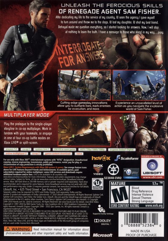Tom Clancy's Splinter Cell: Conviction | Xbox 360 | back cover | region=North America | source-country=United States | zypher-v2 | moby-372a9aea419a | Data by MobyGames.com