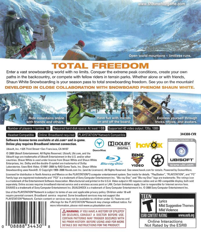 Shaun White Snowboarding | PlayStation 3 | back cover | region=North America | source-country=United States | zypher-v2 | moby-808febc9e561 | Data by MobyGames.com