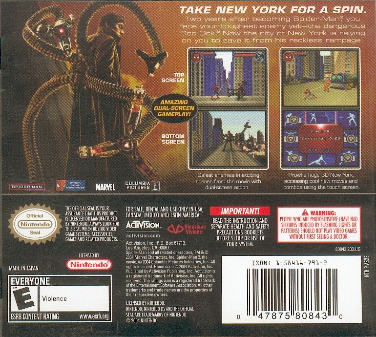 
Spider-Man 2 | Nintendo DS | back cover | Data by MobyGames.com