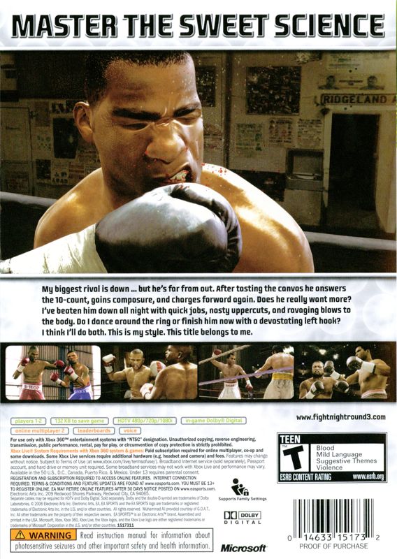 Fight Night Round 3 | Xbox 360 | back cover | region=North America | source-country=Canada,United States | zypher-v2 | moby-0db707ce2938 | Data by MobyGames.com