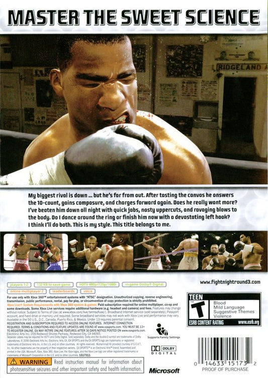 Fight Night Round 3 | Xbox 360 | back cover | region=North America | source-country=Canada,United States | zypher-v2 | moby-0db707ce2938 | Data by MobyGames.com