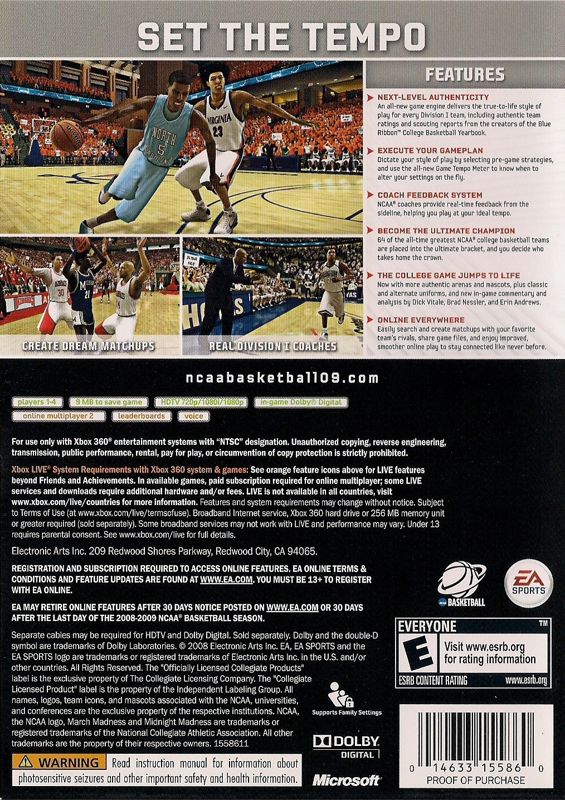NCAA Basketball 09 | Xbox 360 | back cover | Data by MobyGames.com